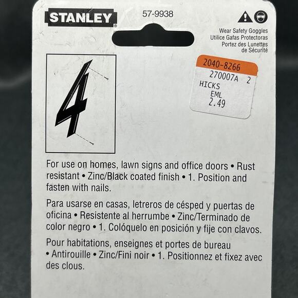 Vintage 2002 Stanley House Number 4 Black Finish 4" Metal NOS Packaged 57-9938 - Picture 7 of 7